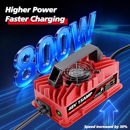 Akizbeir 48V 15A Golf Cart Battery Charger for Club Car Precedent & DS - Waterproof Smart Lead-Acid Charger with 3-Pin Round Plug, Red