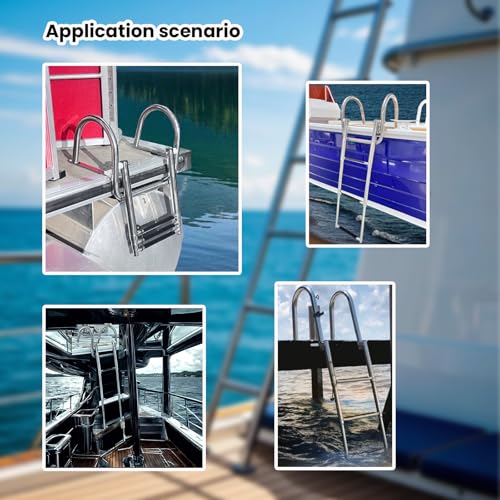 Silver 3-Step Telescoping Boat Ladder - Heavy Duty Stainless Steel Pontoon Boarding Ladder with Wide Steps & Hand Railings