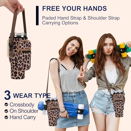 Water Bottle Carrier Bag for Stanley 40oz with Phone Pockets - Leopard