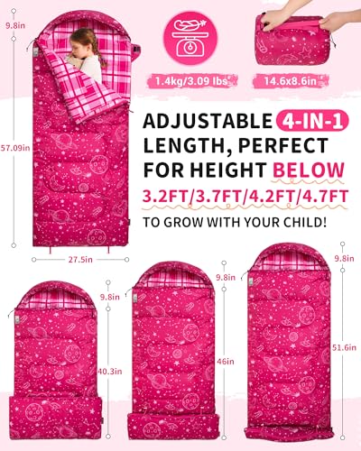 Kids Sleeping Bag RoseRed - 45°F Flannel Child Camping Bed for Ages 10-12