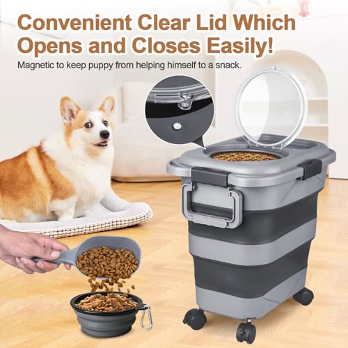 Dark Grey Collapsible Dog Food Storage Container 23-25 lbs with Wheels & Scoop - Large