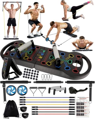 HOTWAVE 20-in-1 Portable Foldable Push Up Board Kit with 8 Resistance Bands, Black
