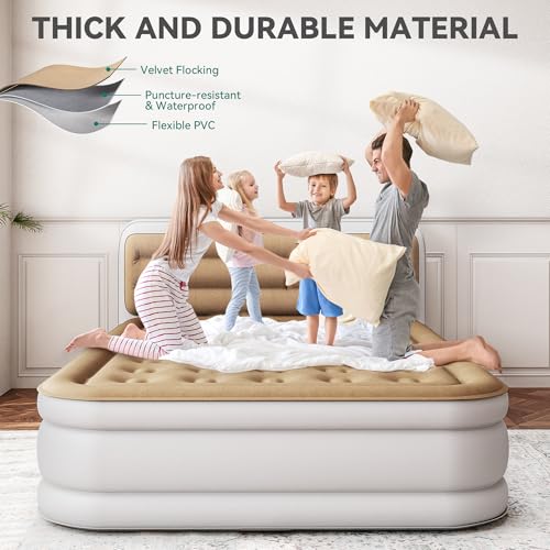 Queen Size Air Mattress with Pump & Banded Headboard - White & Brown, 18in Luxury Flocked Top, Inflatable Bed for Home & Guests
