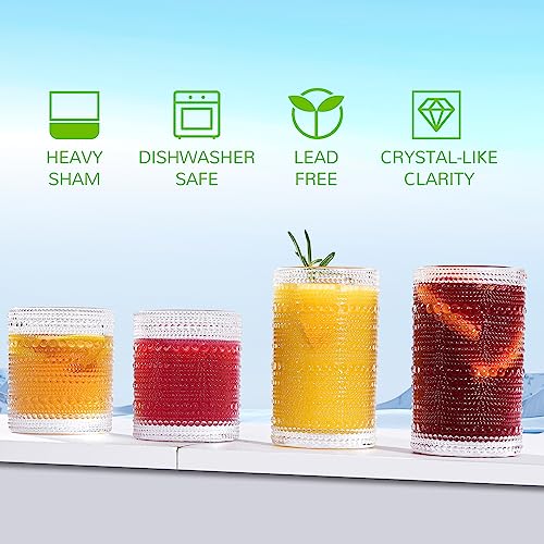 Lvtrupc Vintage Hobnail Drinking Glasses Set of 12 - 14oz & 11oz Glassware for Cocktail, Juice, Water, and More