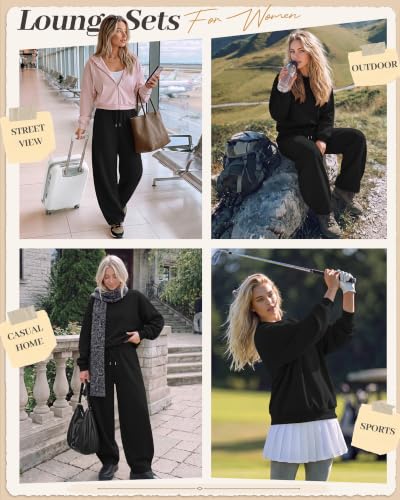 Women 2 Piece Sweat Set - Medium Black Matching Lounge Outfit
