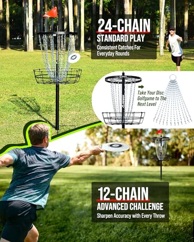 Patiassy Lighted Disc Golf Basket with Adjustable Height & Night LED Night & 24/12 Chain