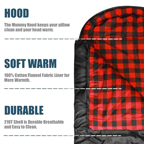 XXL 0 Degree Cotton Flannel Sleeping Bag for Adults - 4 Season Cold Weather Camping, Black-Right-New