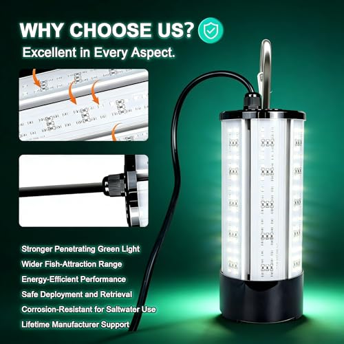 Underwater Fishing Light 60W 7500LM Green Submersible Fish Attractor with 30FT Cord
