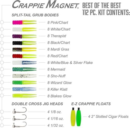 Leland's Lures Crappie Magnet Fishing Kit - 96 Bodies, 15 Jig Heads & 4 E-Z Floats for Ultimate Catch