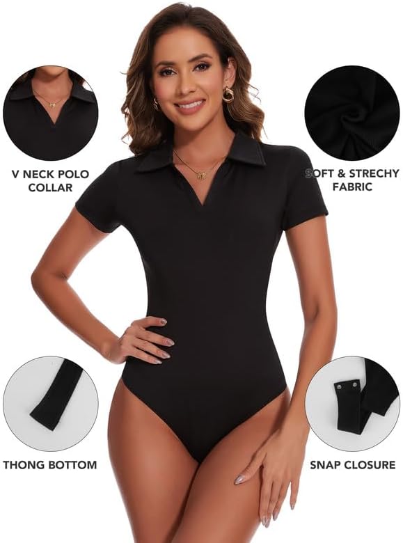 SHAPERIN Women's V-Neck Polo Bodysuit - Slim Fit, Versatile Style for Any Occasion | Long & Short Sleeves