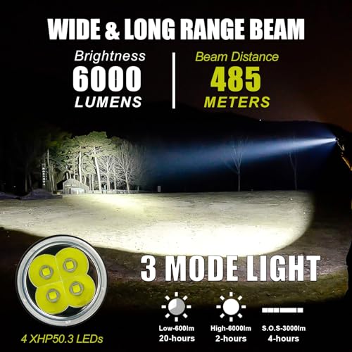 6000 Lumens Underwater Dive Light - Rechargeable Waterproof Scuba Torch with Wrist Mount