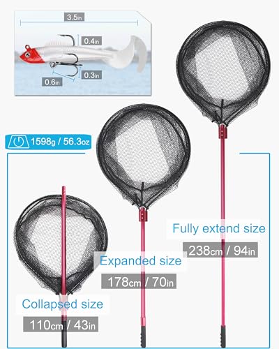 Facikono Red Heavy Duty Telescoping Fishing Net with Soft Baits, 72-94in