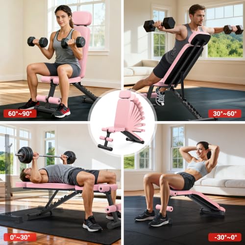Pink Adjustable Workout Bench with 10 Backrest Angles, Heavy-Duty Steel, 800lbs Capacity, Foldable for Home Gym