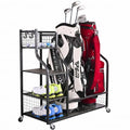 Golf Bag Garage Storage Organizer for 2 Bags - Black, Heavy Duty Metal Rack with Shelves & Hooks