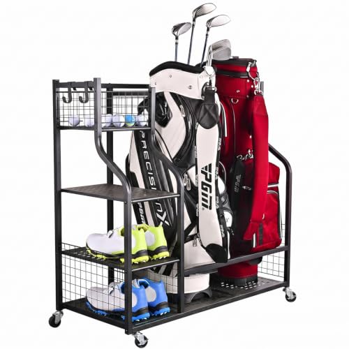 Golf Bag Garage Storage Organizer for 2 Bags - Black, Heavy Duty Metal Rack with Shelves & Hooks