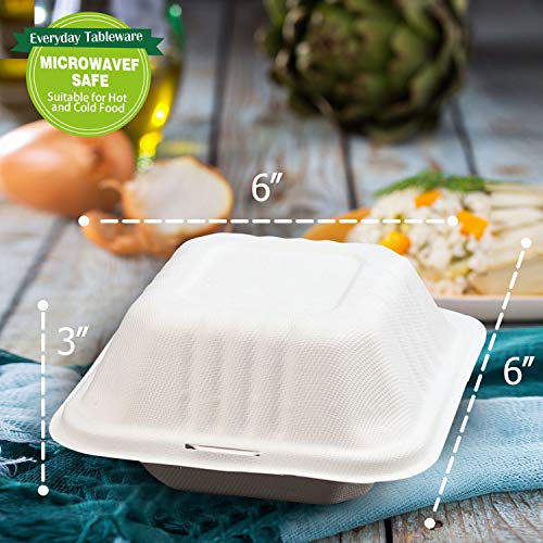 Green Earth Compostable 6-Inch Clamshell Food Box - 500 Pack, Bagasse Food Container with Variation 1-Compartment