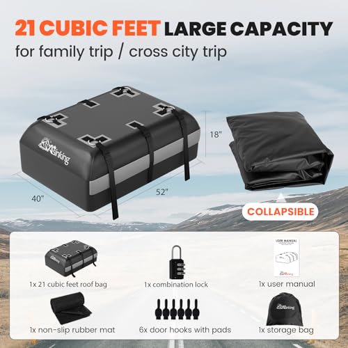 Asinking Waterproof Car Rooftop Cargo Bag 21 Cu Ft Black with Grey, Universal Fit