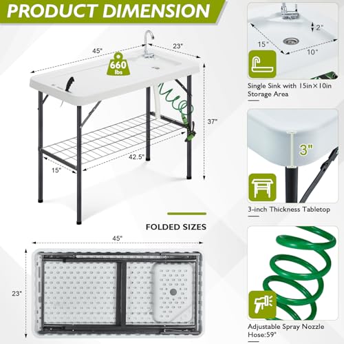 Avocahom Folding Fish Cleaning Table Portable Camping Sink with Faucet & Drain Hose - Black