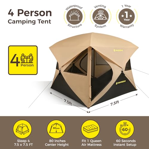 Raynesys 4 Person Waterproof Pop-Up Camping Tent with Quick Setup