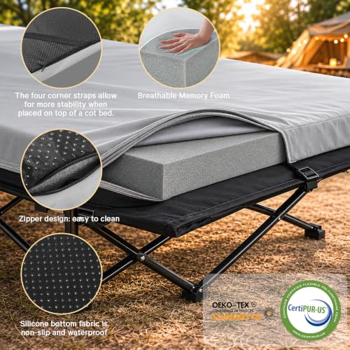 Thick Grey Camping Cot Pad 2 Inch Memory Foam for Folding & Foldable Cots