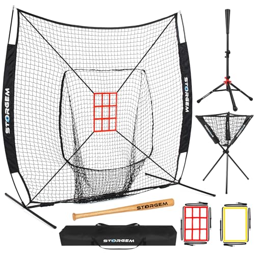 Black 7x7 Baseball Softball Practice Net with Tee, Ball Caddy & Strike Zone