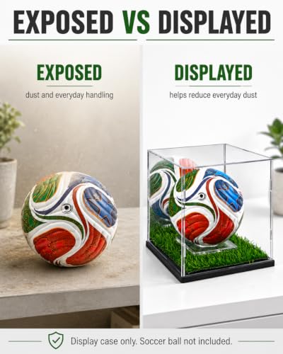 Acrylic Mini Soccer Ball Display Case with Mirror Back & Turf Base - 7.5"Lx7.5"Wx7.9"H, Variation of Acrylic Case for Mini Soccer