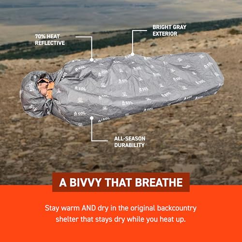 SOL Escape Bivvy XL Emergency Shelter with Hood, Reflects 70% Body Heat, Gray, 91" x 35"