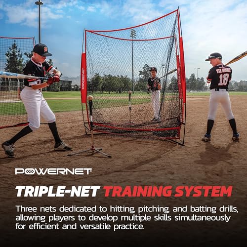 PowerNet Red Triple Threat Baseball & Softball Training Net - 3 Station Batting, Pitching & Hitting Practice, 7' x 7' Collapsible Net