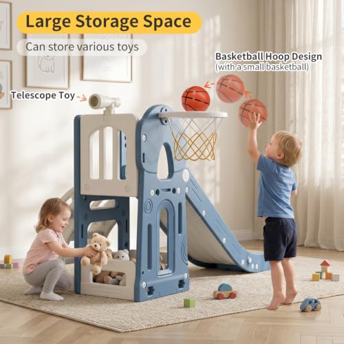 BIERUM 6-in-1 Toddler Indoor & Outdoor Slide Blue Gray, Safe & Foldable Playset for Ages 1-3