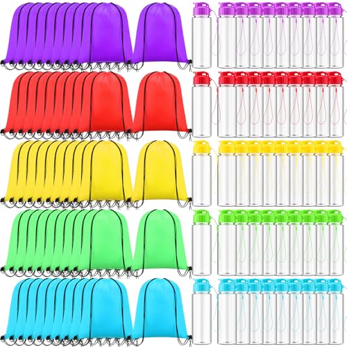 Bulk 100 Pack 17 oz Reusable Plastic Water Bottles & Drawstring Bags Set