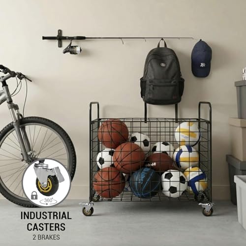 MyGift Black Multi Sports Ball Storage Cart with Jumbo Industrial Wheels