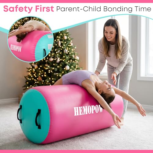 Pink & Green Inflatable Gymnastics Air Barrel Roller with Electric Pump - 3.3Ft Tumbling Back Handspring Trainer for Home & Cheerleading