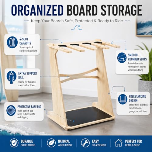 Leinuosen 4-Board Surfboard Rack Stand - Vertical Wood Storage for Longboards & Shortboards