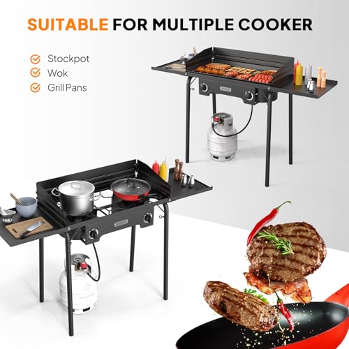 2 Burner Outdoor Propane Gas Stove with Windshield, Side Shelves & Carry Bag - 150,000 BTU Camping Cooker