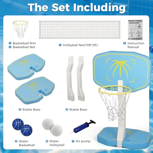 MagnaTree 2-in-1 Pool Volleyball and Basketball Game Set with Adjustable Net