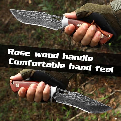 Damascus Hunting Knife VG10 67-Layer Fixed Blade with Leather Sheath - Men’s Bowie Knife