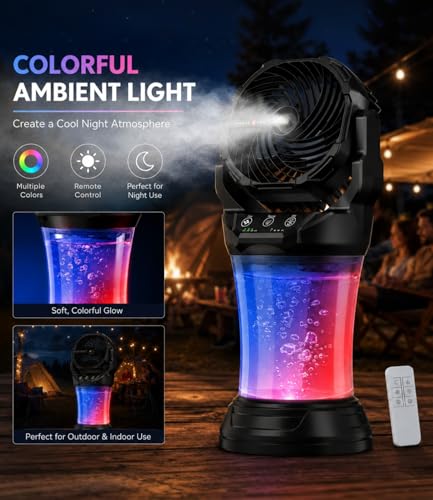 Hasealam Black Outdoor Misting Fan with Remote & RGB Lights, 2L Tank, 4 Speeds