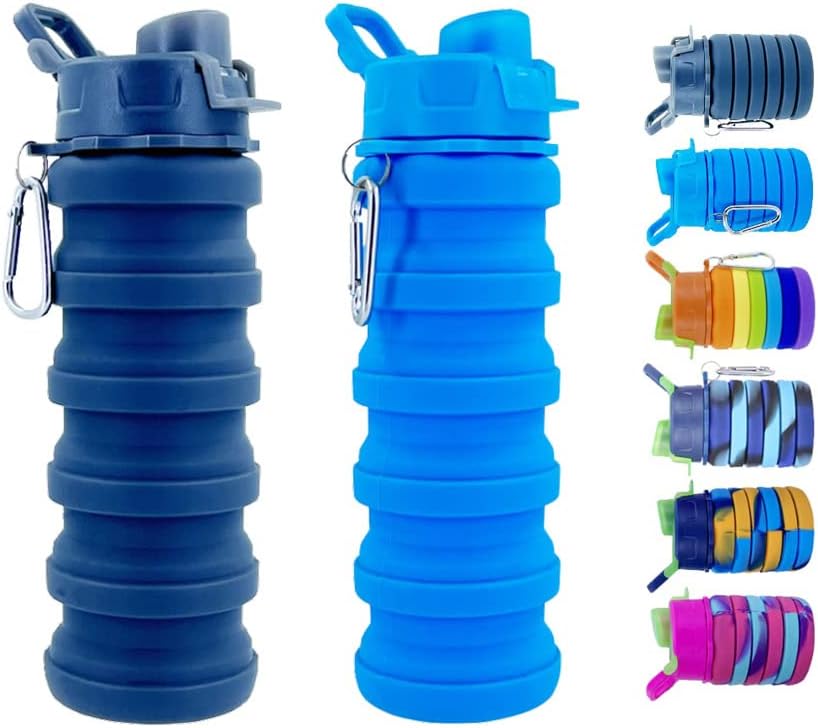 Skiennix Collapsible Water Bottles - 2 Pack Silicone Design with Carabiner | 500ml Portable Sport Bottles (Black & Blue)