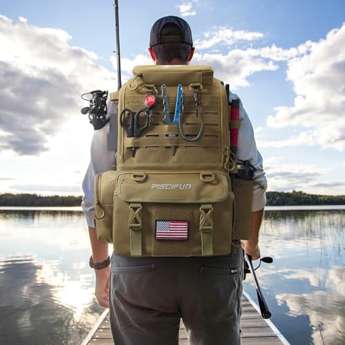 Piscifun Khaki Fishing Tackle Backpack 52L with Rod Holders & 4 Boxes
