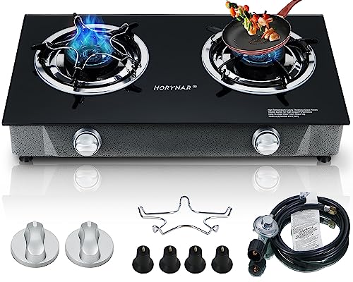 Horynar Glass 2 Burner Propane Stove 26000 BTU Auto Ignition Outdoor Cooking