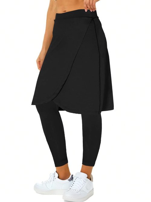 Fisoew Women's Knee Length Athletic Skirt with Leggings Wrap Gym Workout Golf Tennis Skorts with Pocket Black