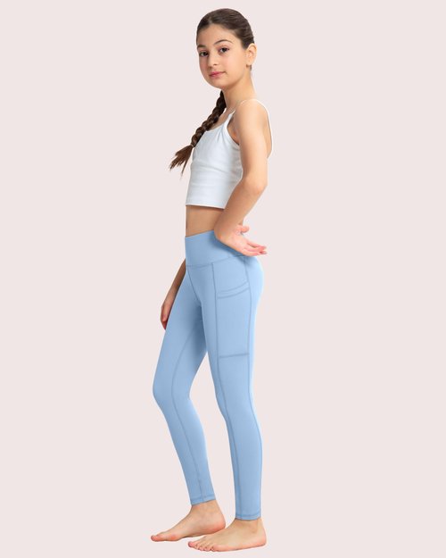 ATHVOTAR Girls Leggings with Pockets: High Waisted Yoga Workout Athletic Dance Running Pants 4 Packs Black/Violet/Pure Blue/Pink L