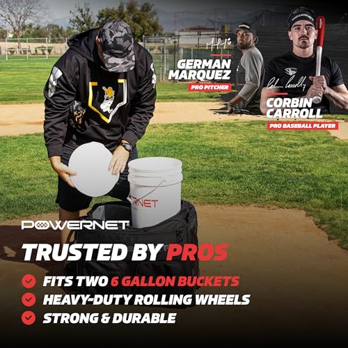 PowerNet Standard Baseball Bucket Bag with Wheels & Multiple Pockets — Holds 2 Buckets & Fits Launch F-Lite Pitching Machine