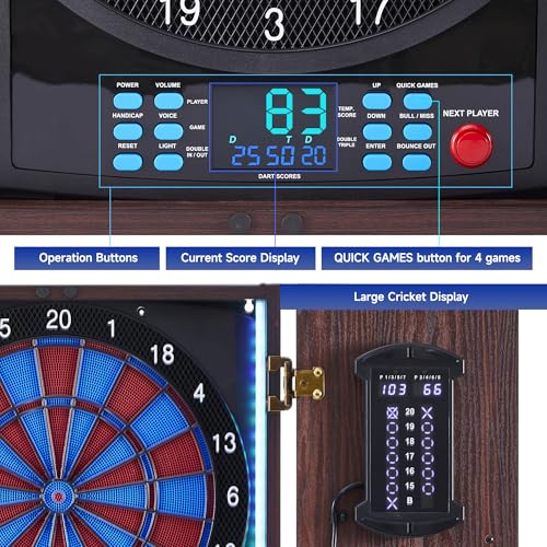 Electronic Dart Board with Wooden Cabinet, 45 Games, LED Score & Voice Prompts