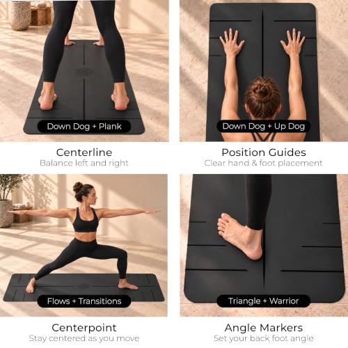 Plyopic PoseMap Signature Black Ultra Grip PRO Yoga Mat - Non-Slip, Alignment Lines, Comfortable, Sweat-Resistant