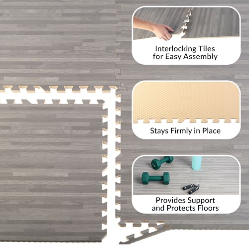 Stalwart Gray Wood Grain Foam Floor Tiles - 24 Pack, Interlocking Play & Gym Mat, 96 sqft
