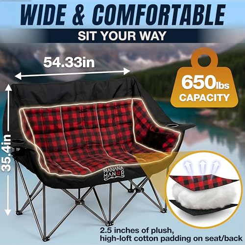 MANANA MANOR Double Folding Camping Chair for 2 Adults – Supports 650 lbs, Extra Padded, Portable Patio & Beach Couch