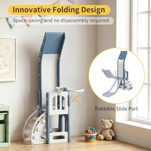 BIERUM 6-in-1 Toddler Indoor & Outdoor Slide Blue Gray, Safe & Foldable Playset for Ages 1-3