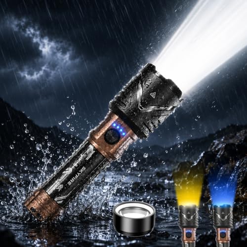 SKYFIRE Rechargeable Tactical Flashlight with 3 Lens Set, 5000 Lumens, Zoom, 6 Modes, Waterproof, Outdoor & Emergency Light