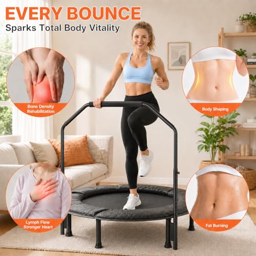 Foldable Mini Trampoline for Adults Kids - 40 Inch Rebounder with Adjustable Handle